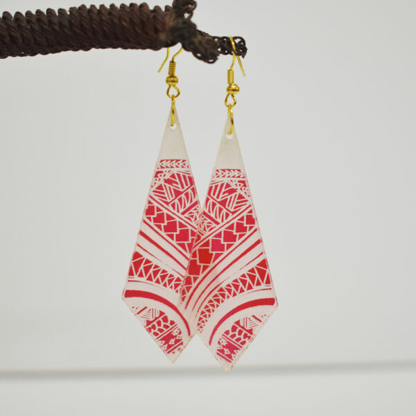 Red Polynesian Tattoo Diamond Tear Drop Earrings